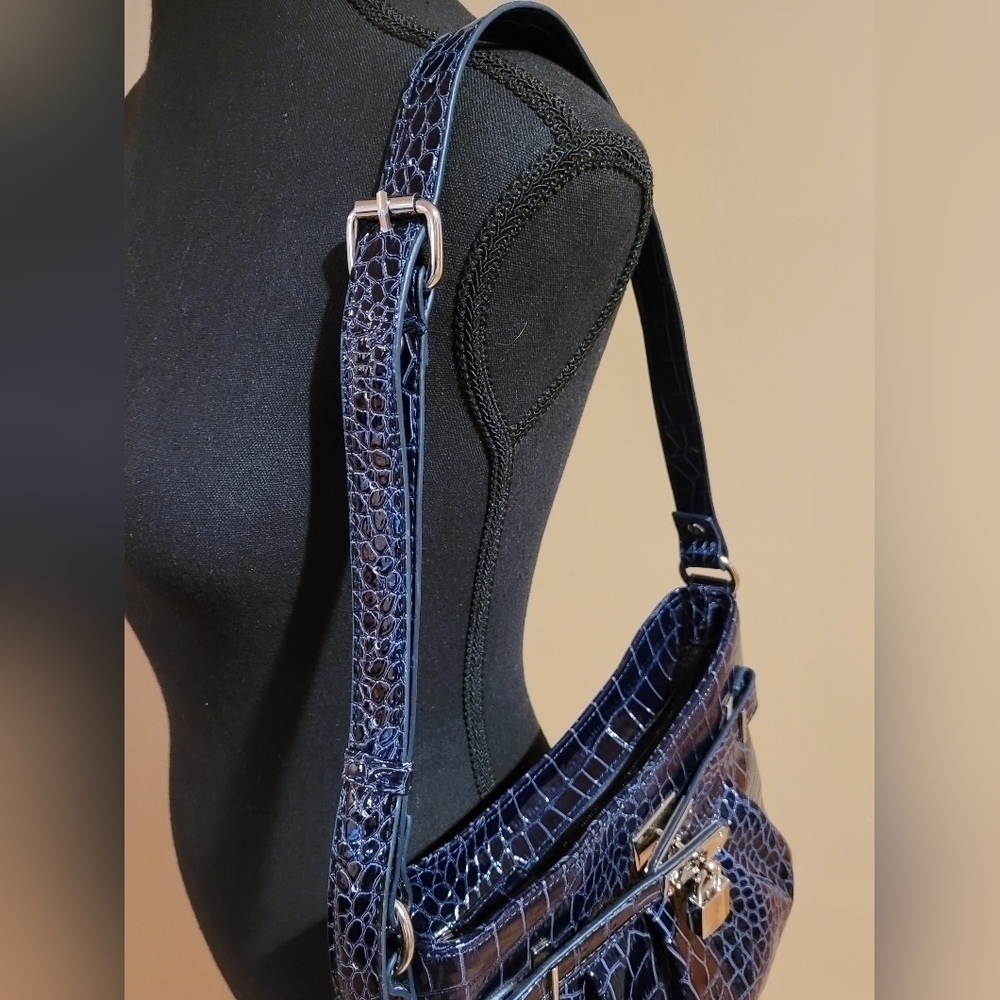 JESSICA Faux Patent Leather Bag, Dark Blue Croc Pattern, Adjustable Strap - Picture 5 of 16